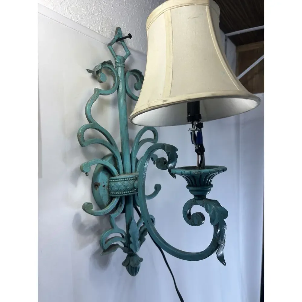 Antique Wall Sconce Custom Painted Turquoise Rewired 19 Tall Teal Blue